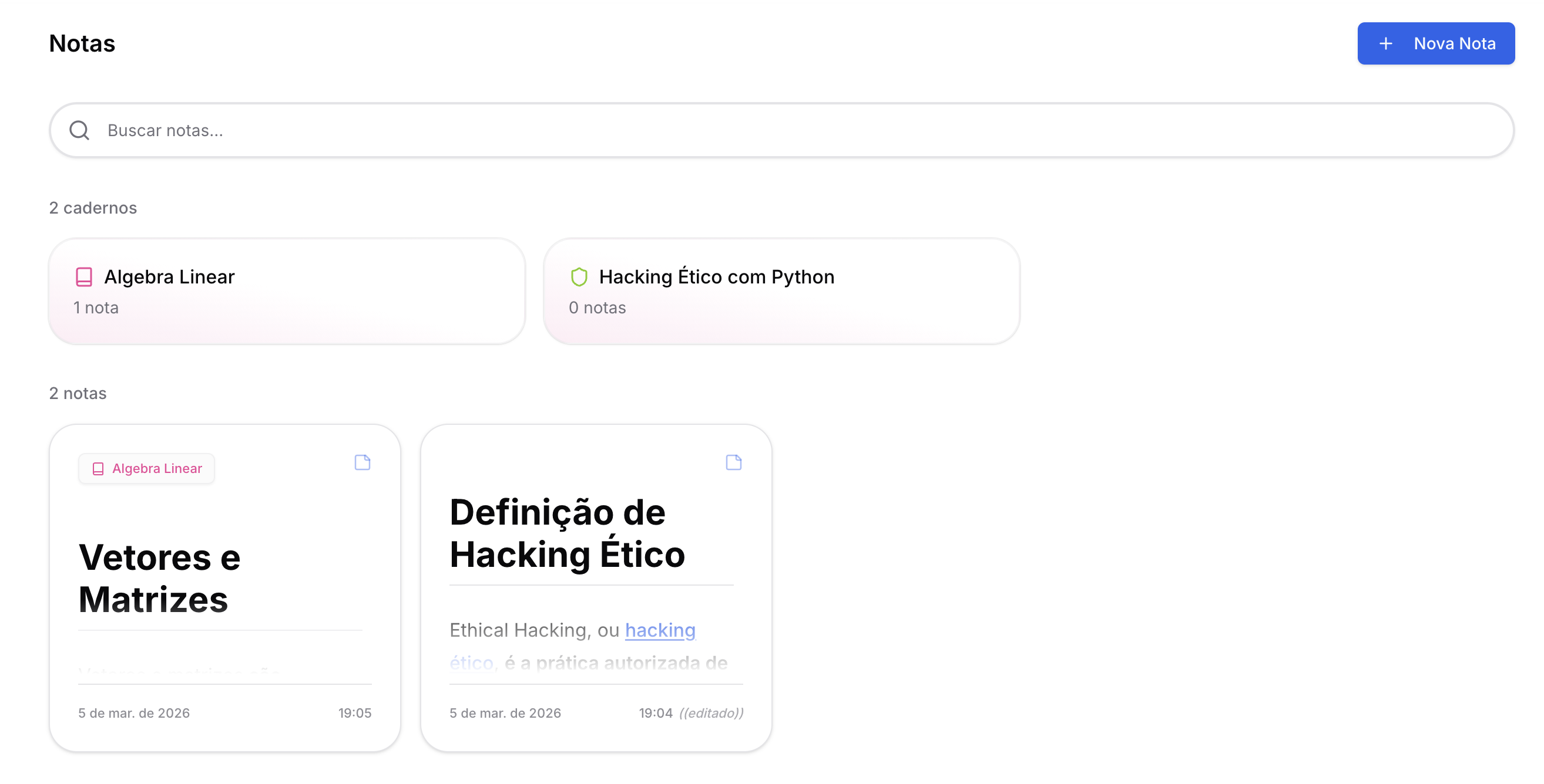 Gerencie todas as suas anotações dentro de seus próprios cadernos, com uma interface limpa e intuitiva
